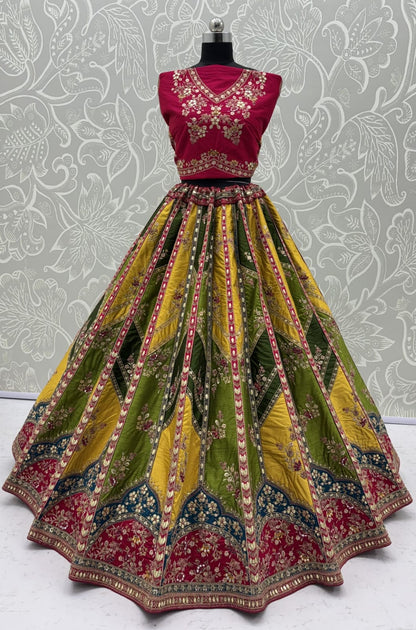Yellow &amp; Green Pure Soft Silk Gotta Patti Dori &amp; Zari Embroidery Multi Thread Sequins Work Bridal Lehenga Choli
