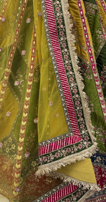 Yellow &amp; Green Pure Soft Silk Gotta Patti Dori &amp; Zari Embroidery Multi Thread Sequins Work Bridal Lehenga Choli