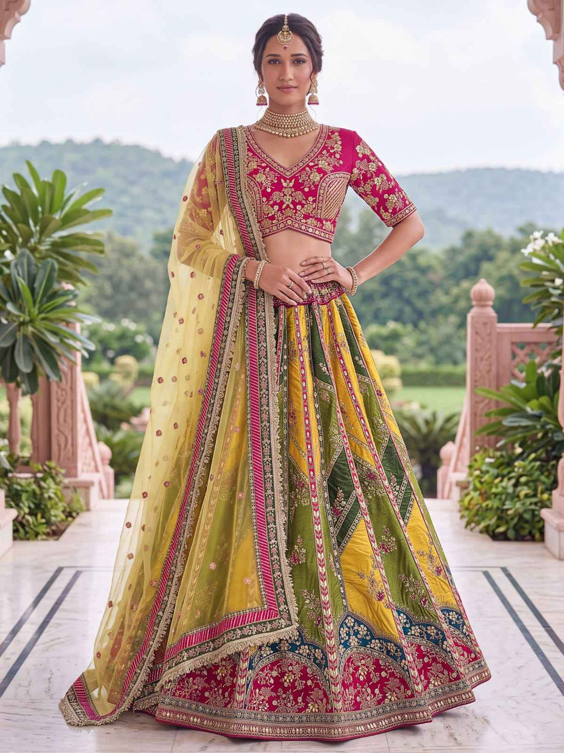 Yellow &amp; Green Pure Soft Silk Gotta Patti Dori &amp; Zari Embroidery Multi Thread Sequins Work Bridal Lehenga Choli