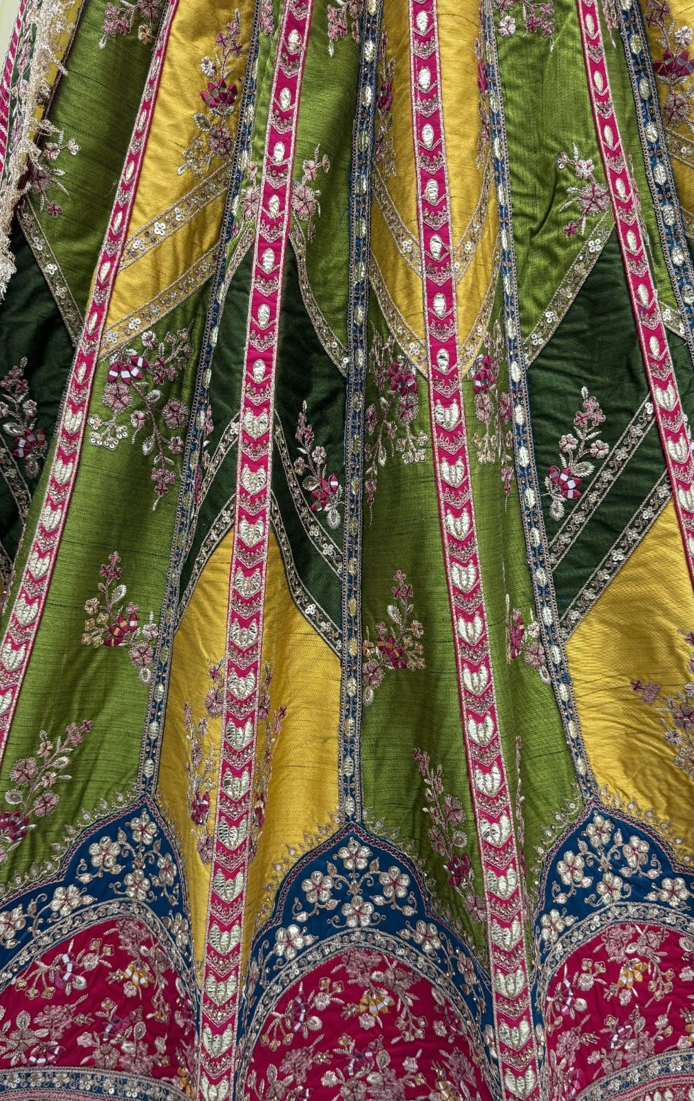 Yellow &amp; Green Pure Soft Silk Gotta Patti Dori &amp; Zari Embroidery Multi Thread Sequins Work Bridal Lehenga Choli