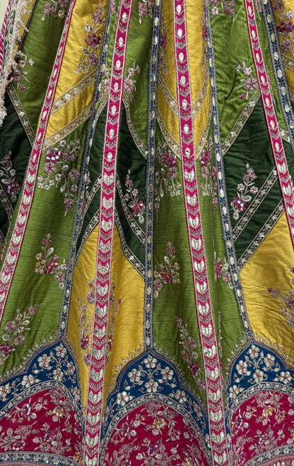 Yellow &amp; Green Pure Soft Silk Gotta Patti Dori &amp; Zari Embroidery Multi Thread Sequins Work Bridal Lehenga Choli