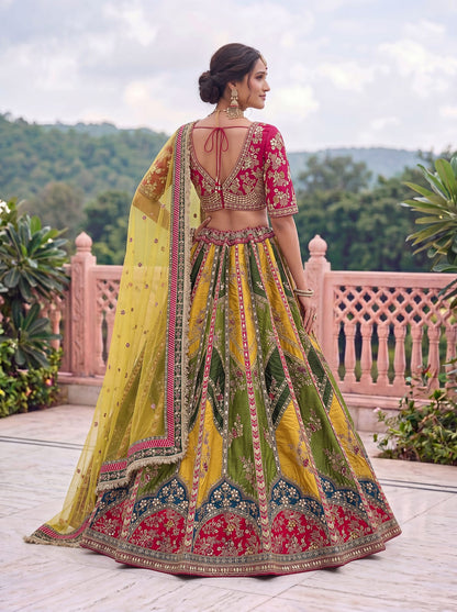 Yellow &amp; Green Pure Soft Silk Gotta Patti Dori &amp; Zari Embroidery Multi Thread Sequins Work Bridal Lehenga Choli