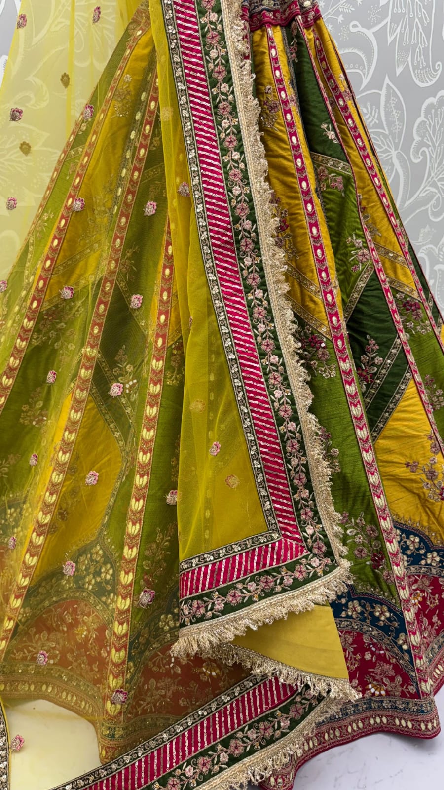 Yellow &amp; Green Pure Soft Silk Gotta Patti Dori &amp; Zari Embroidery Multi Thread Sequins Work Bridal Lehenga Choli