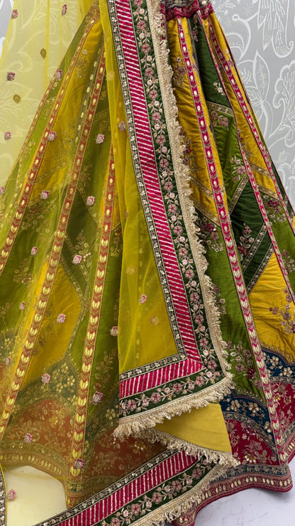 Yellow &amp; Green Pure Soft Silk Gotta Patti Dori &amp; Zari Embroidery Multi Thread Sequins Work Bridal Lehenga Choli