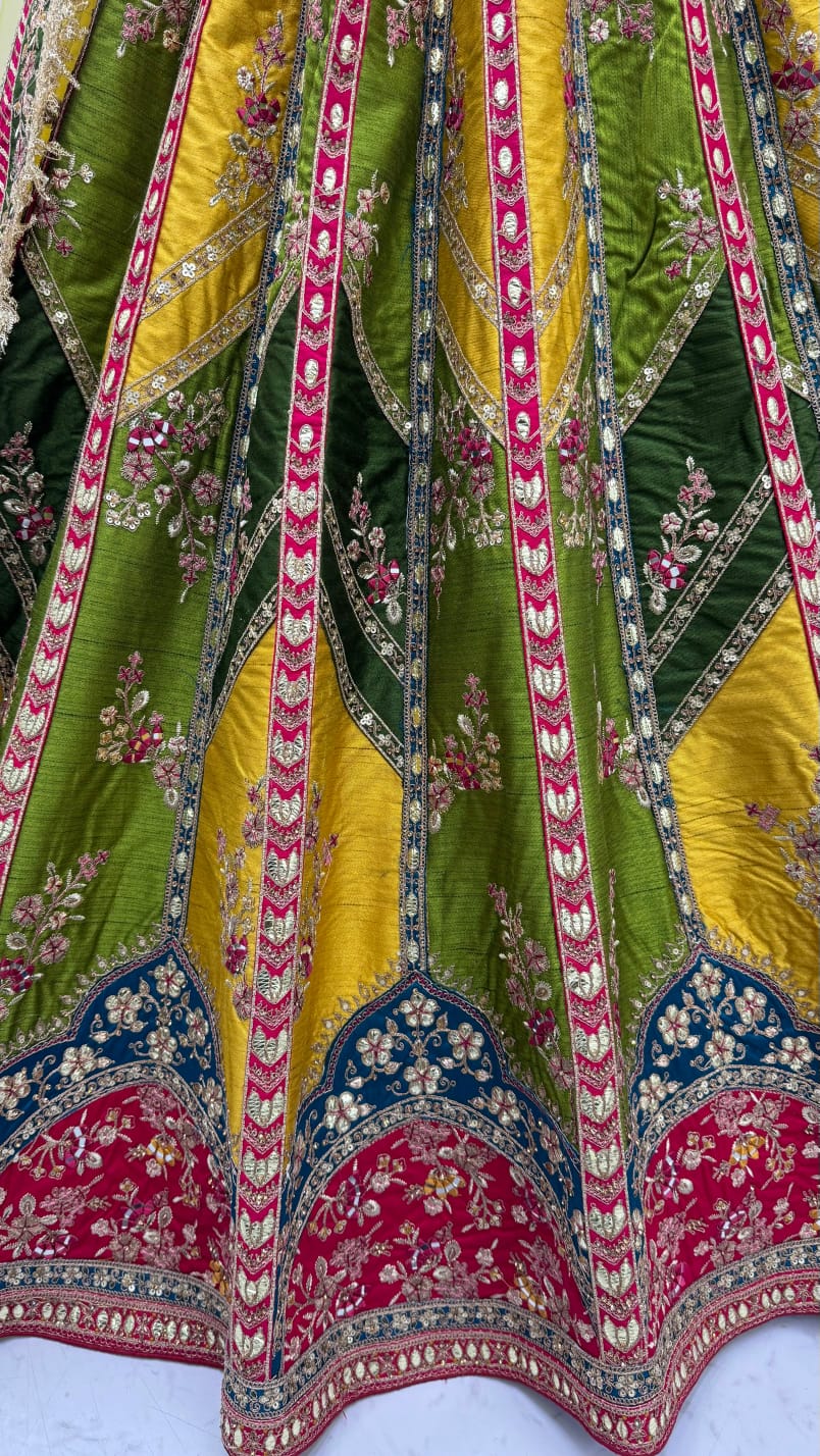 Yellow &amp; Green Pure Soft Silk Gotta Patti Dori &amp; Zari Embroidery Multi Thread Sequins Work Bridal Lehenga Choli