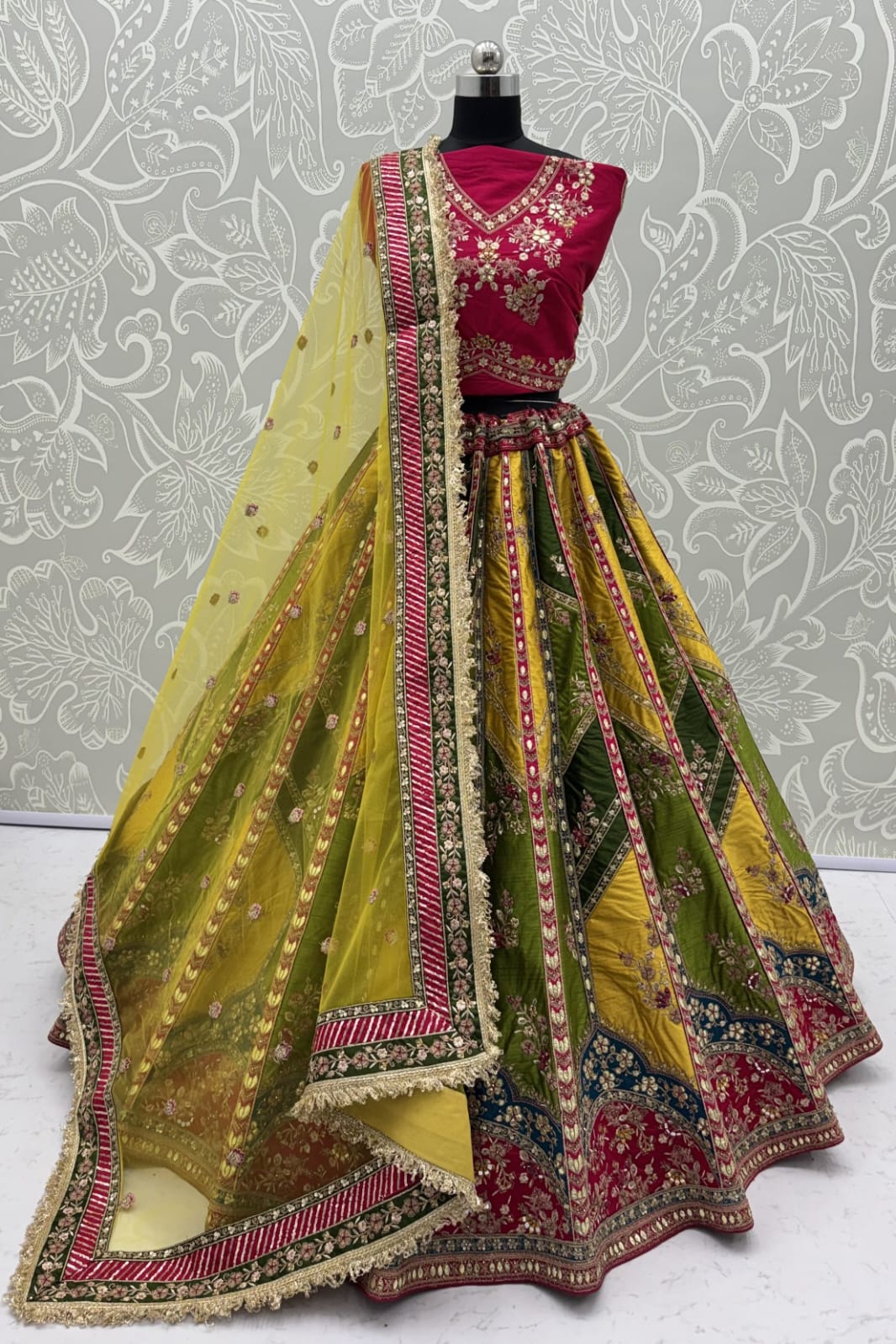 Yellow &amp; Green Pure Soft Silk Gotta Patti Dori &amp; Zari Embroidery Multi Thread Sequins Work Bridal Lehenga Choli