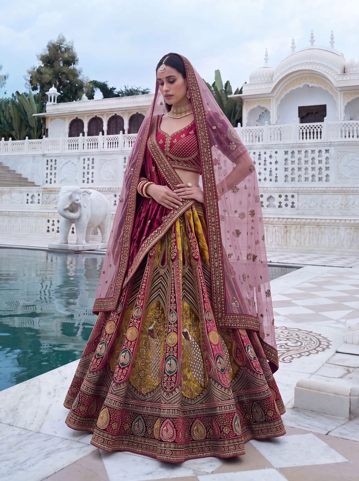 Maroon Pure Velvet Heavy Embroidery Patch Work &amp; Sequins Thread Work Bridal Lehenga Chol