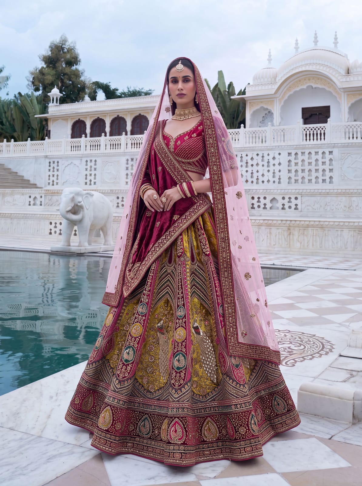 Maroon Pure Velvet Heavy Embroidery Patch Work &amp; Sequins Thread Work Bridal Lehenga Chol
