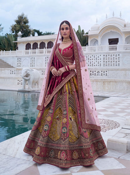 Maroon Pure Velvet Heavy Embroidery Patch Work &amp; Sequins Thread Work Bridal Lehenga Chol
