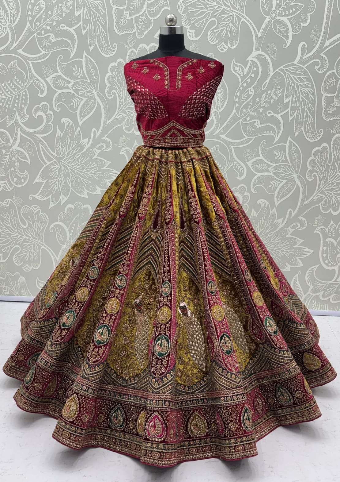 Maroon Pure Velvet Heavy Embroidery Patch Work &amp; Sequins Thread Work Bridal Lehenga Chol