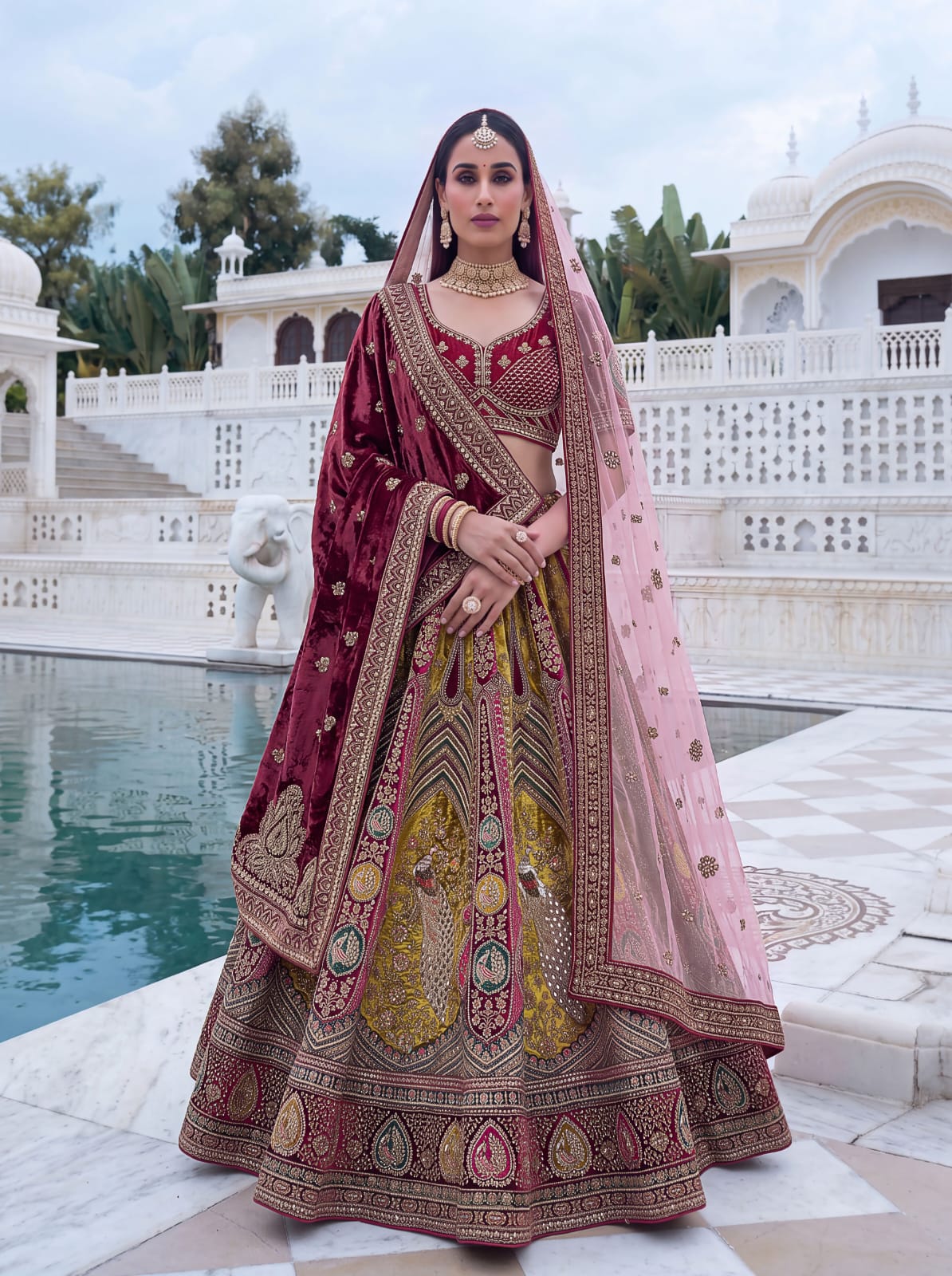 Maroon Pure Velvet Heavy Embroidery Patch Work &amp; Sequins Thread Work Bridal Lehenga Chol