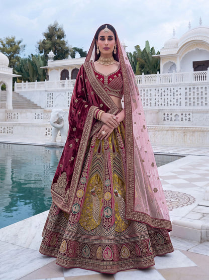 Maroon Pure Velvet Heavy Embroidery Patch Work &amp; Sequins Thread Work Bridal Lehenga Chol