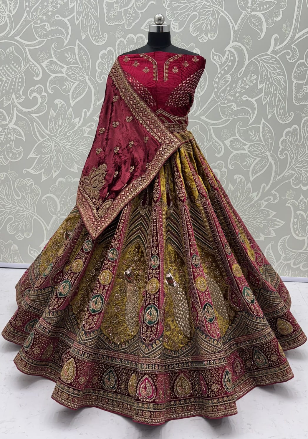 Maroon Pure Velvet Heavy Embroidery Patch Work &amp; Sequins Thread Work Bridal Lehenga Chol
