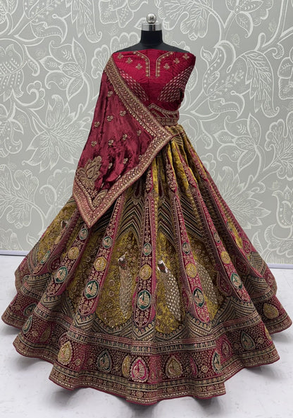 Maroon Pure Velvet Heavy Embroidery Patch Work &amp; Sequins Thread Work Bridal Lehenga Chol