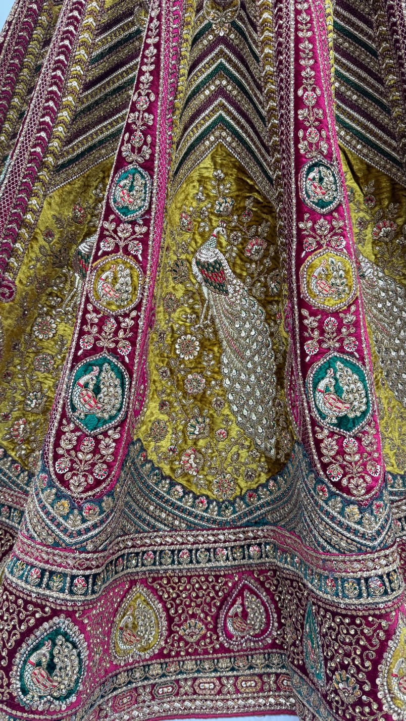 Maroon Pure Velvet Heavy Embroidery Patch Work &amp; Sequins Thread Work Bridal Lehenga Chol