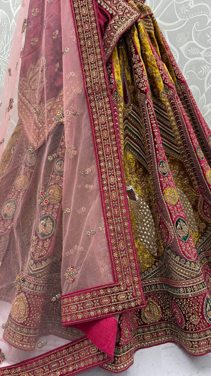 Maroon Pure Velvet Heavy Embroidery Patch Work &amp; Sequins Thread Work Bridal Lehenga Chol