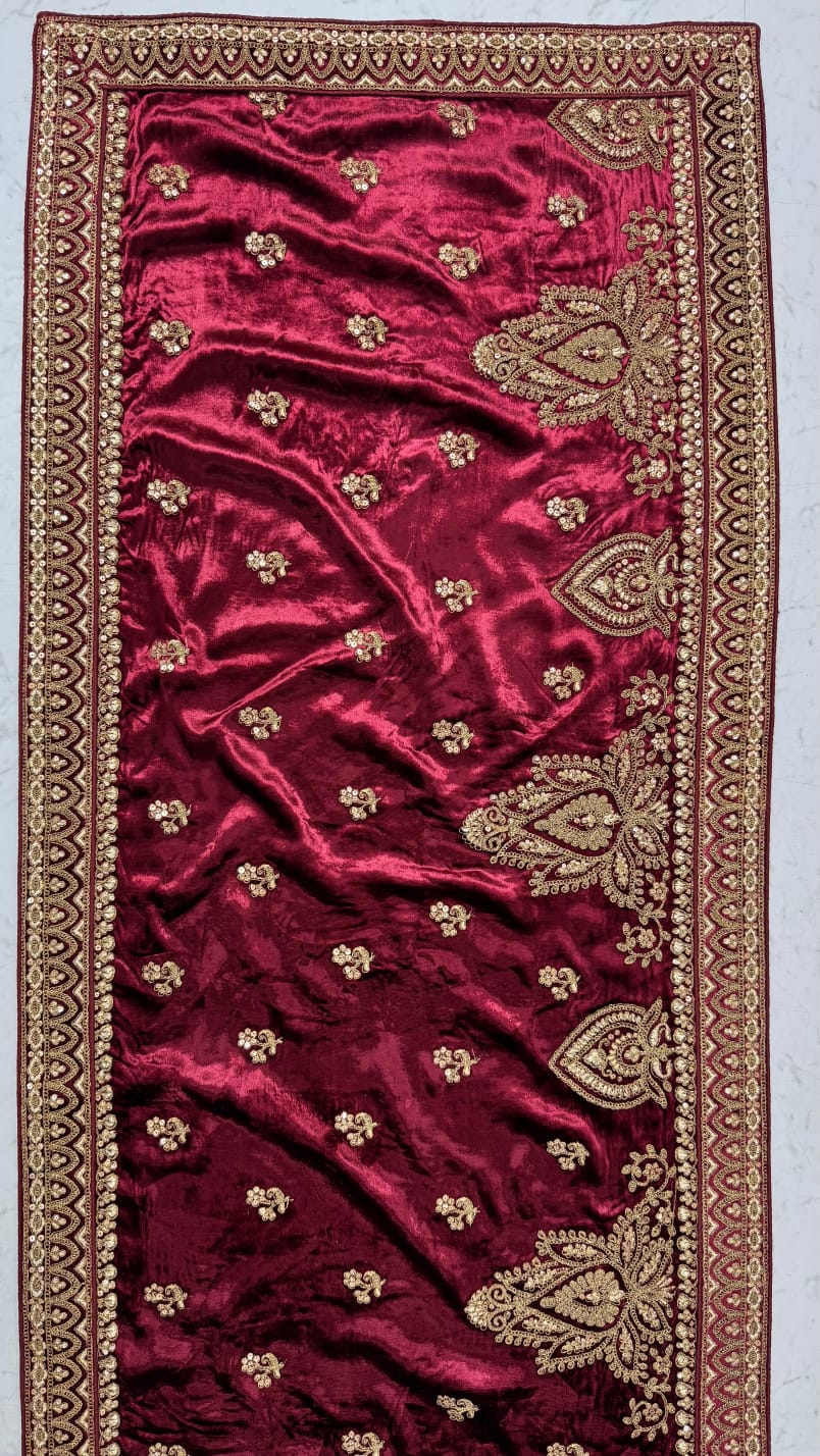 Maroon Pure Velvet Heavy Embroidery Patch Work &amp; Sequins Thread Work Bridal Lehenga Chol