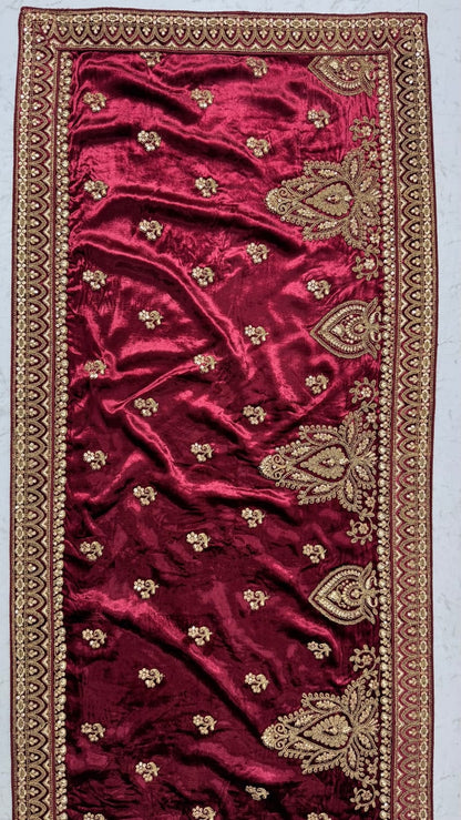 Maroon Pure Velvet Heavy Embroidery Patch Work &amp; Sequins Thread Work Bridal Lehenga Chol
