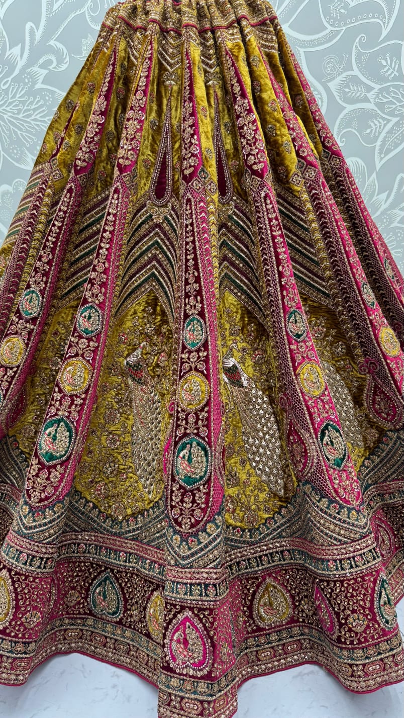 Maroon Pure Velvet Heavy Embroidery Patch Work &amp; Sequins Thread Work Bridal Lehenga Chol