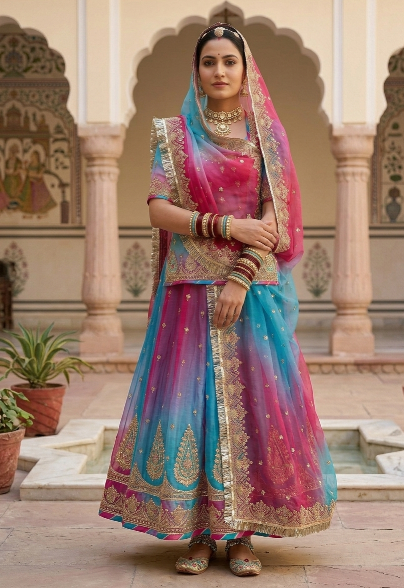 Blue Pure Georgette Lahariya Print 16 Kali Flair With Gotta Patti Rajasthani Rajputi Lehenga Choli