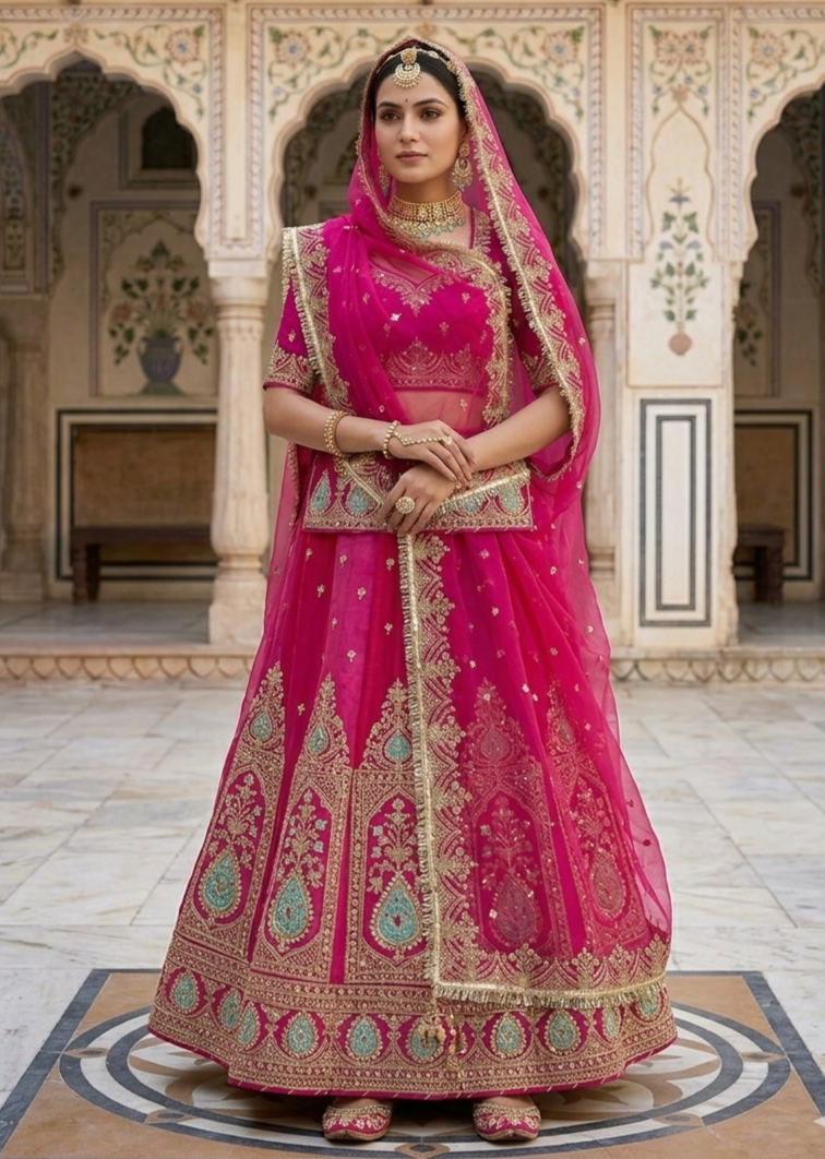 Pink Pure Georgette Lahariya Print 16 Kali Flair With Gotta Patti Rajasthani Rajputi Lehenga Choli