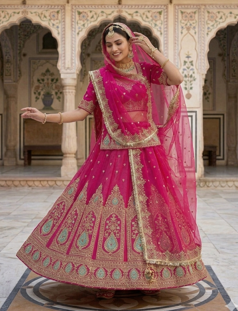 Pink Pure Georgette Lahariya Print 16 Kali Flair With Gotta Patti Rajasthani Rajputi Lehenga Choli