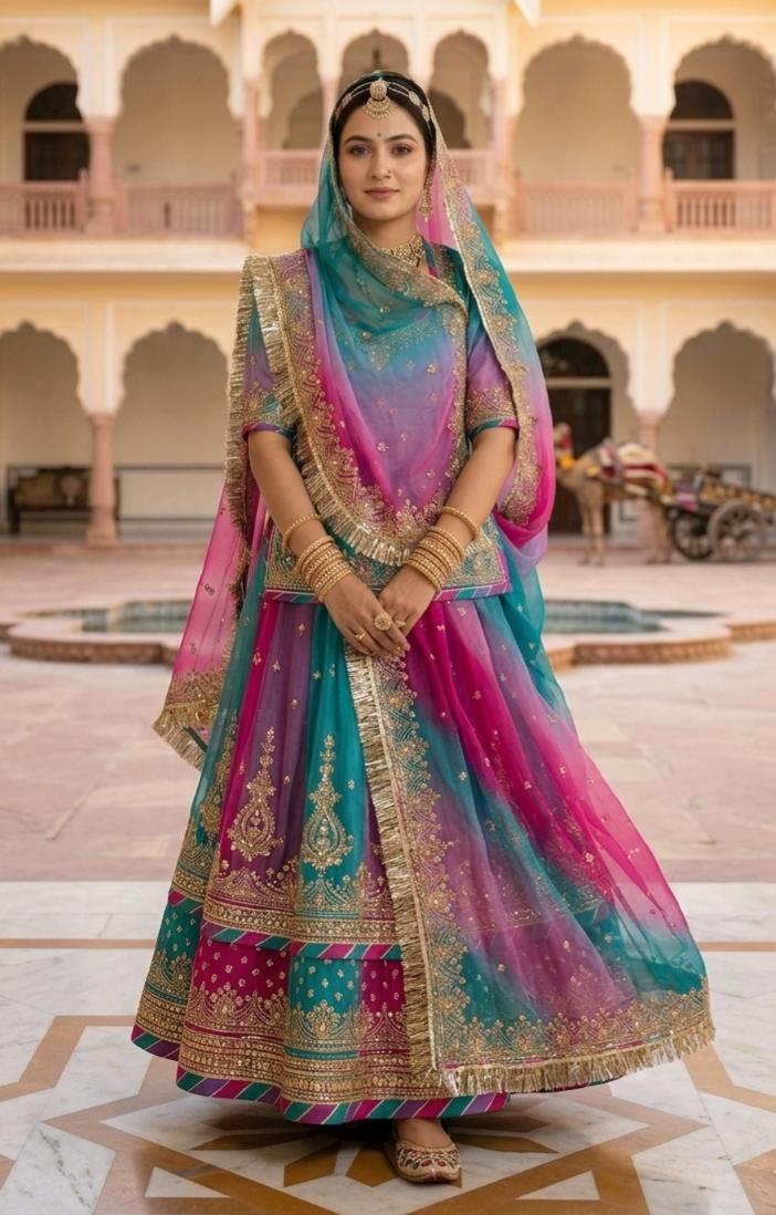 Purple Pure Georgette Lahariya Print 16 Kali Flair With Gotta Patti Rajasthani Rajputi Lehenga Choli
