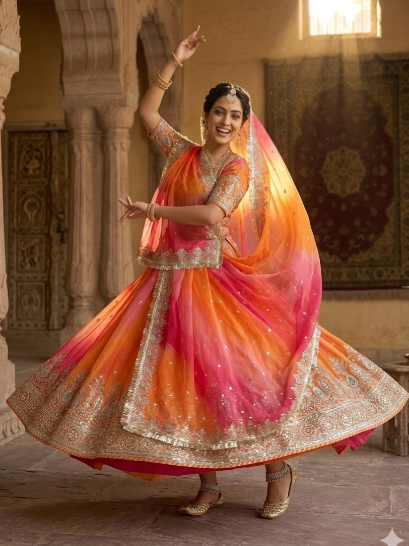 Orange Pure Georgette Lahariya Print 16 Kali Flair With Gotta Patti Rajasthani Rajputi Lehenga Choli
