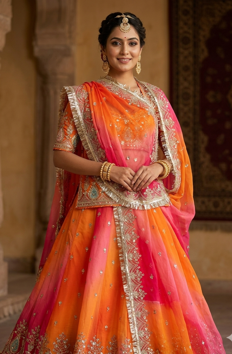Orange Pure Georgette Lahariya Print 16 Kali Flair With Gotta Patti Rajasthani Rajputi Lehenga Choli