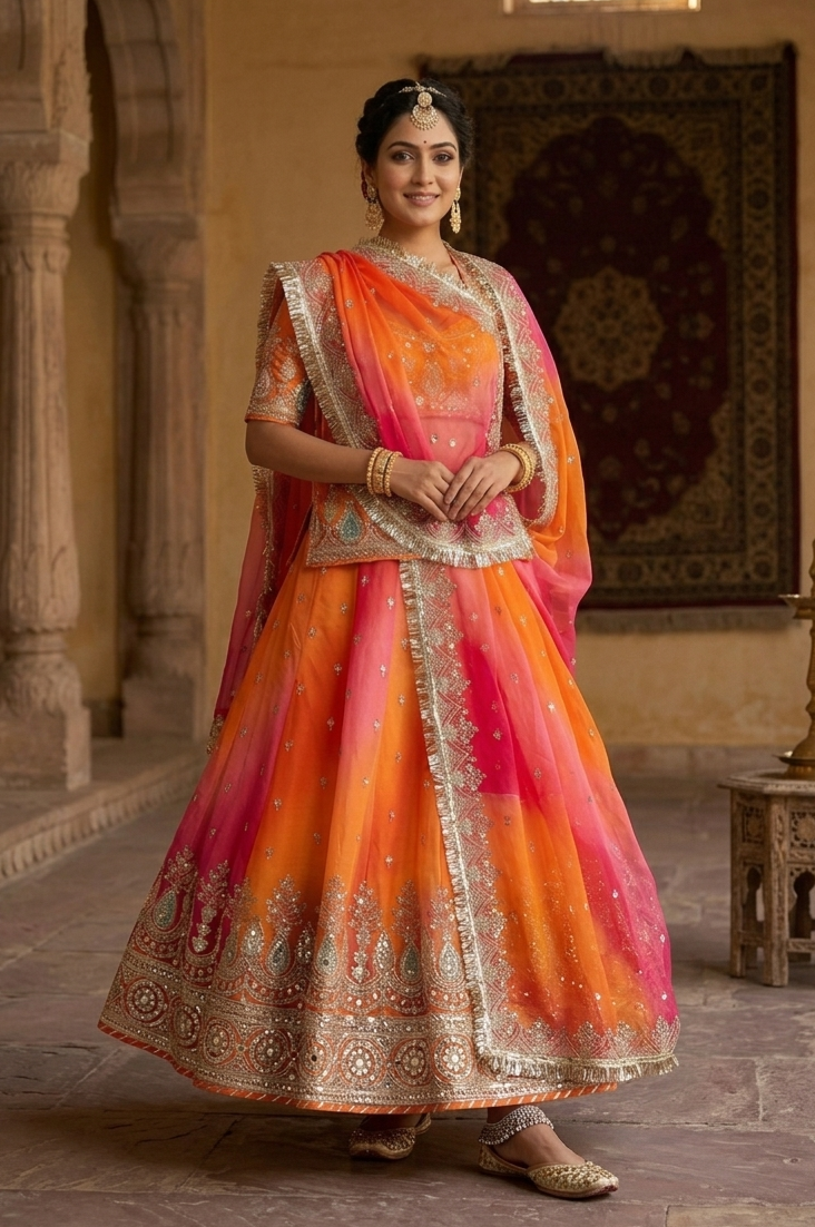 Orange Pure Georgette Lahariya Print 16 Kali Flair With Gotta Patti Rajasthani Rajputi Lehenga Choli