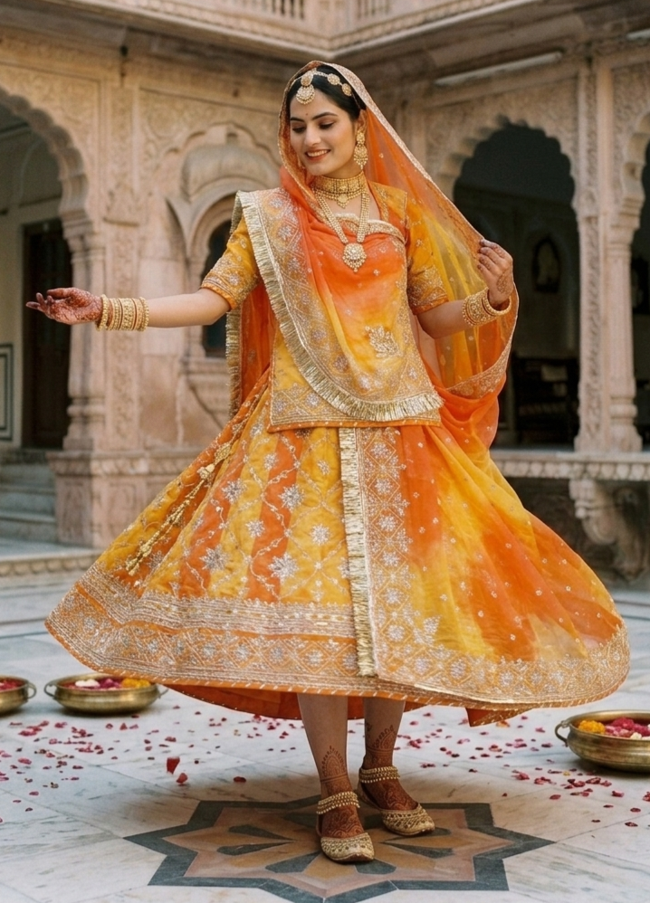 Orange Mustard Pure Georgette Lahariya Print 16 Kali Flair With Gotta Patti Rajasthani Rajputi Lehenga Choli