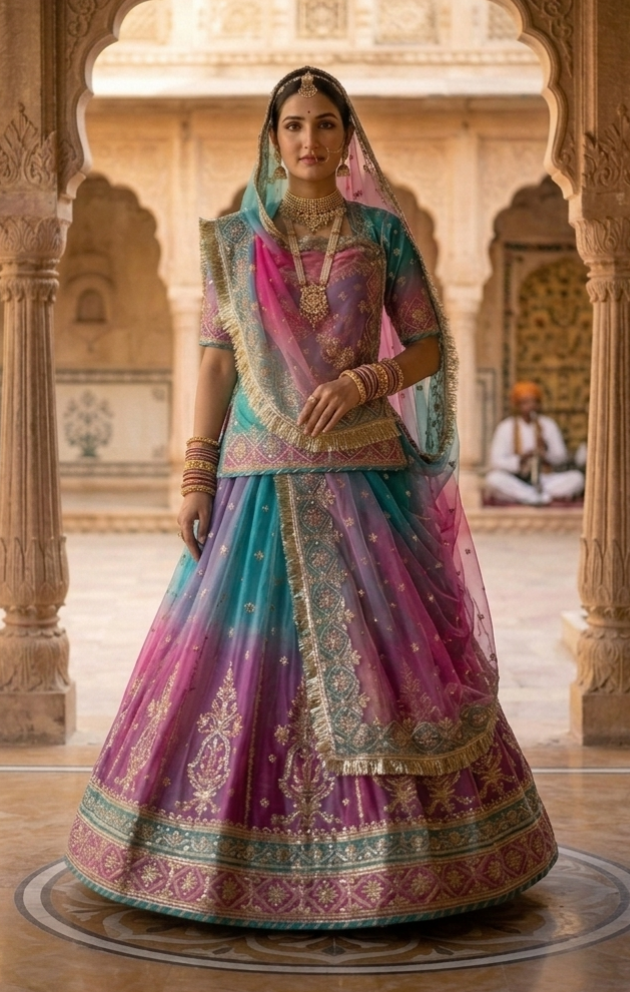 Magenta Pink Pure Georgette Lahariya Print 16 Kali Flair With Gotta Patti Rajasthani Rajputi Lehenga Choli