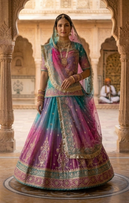 Magenta Pink Pure Georgette Lahariya Print 16 Kali Flair With Gotta Patti Rajasthani Rajputi Lehenga Choli