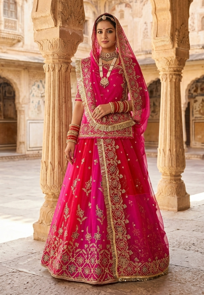 Rani Pink Pure Georgette Lahariya Print 16 Kali Flair With Gotta Patti Rajasthani Rajputi Lehenga Choli