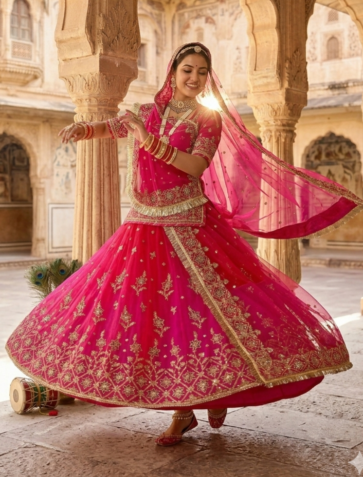 Rani Pink Pure Georgette Lahariya Print 16 Kali Flair With Gotta Patti Rajasthani Rajputi Lehenga Choli