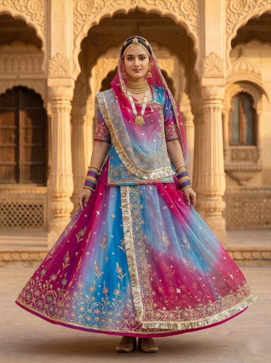 Magenta &amp; Pink Pure Georgette Lahariya Print 16 Kali Flair With Gotta Patti Rajasthani Rajputi Lehenga Choli