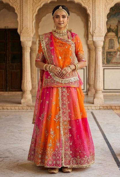 Orange &amp; Pink Pure Georgette Lahariya Print 16 Kali Flair With Gotta Patti Rajasthani Rajputi Lehenga Choli