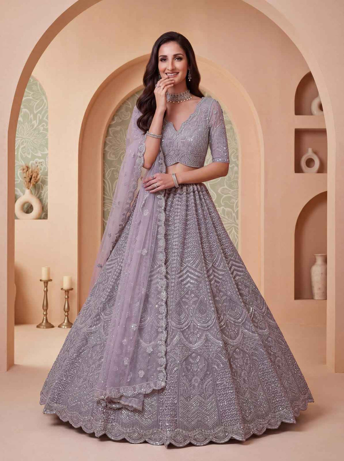 Lavender Pure Heavy Net Motif Handwork Zari Sequins Work Bridal Lehenga Choli