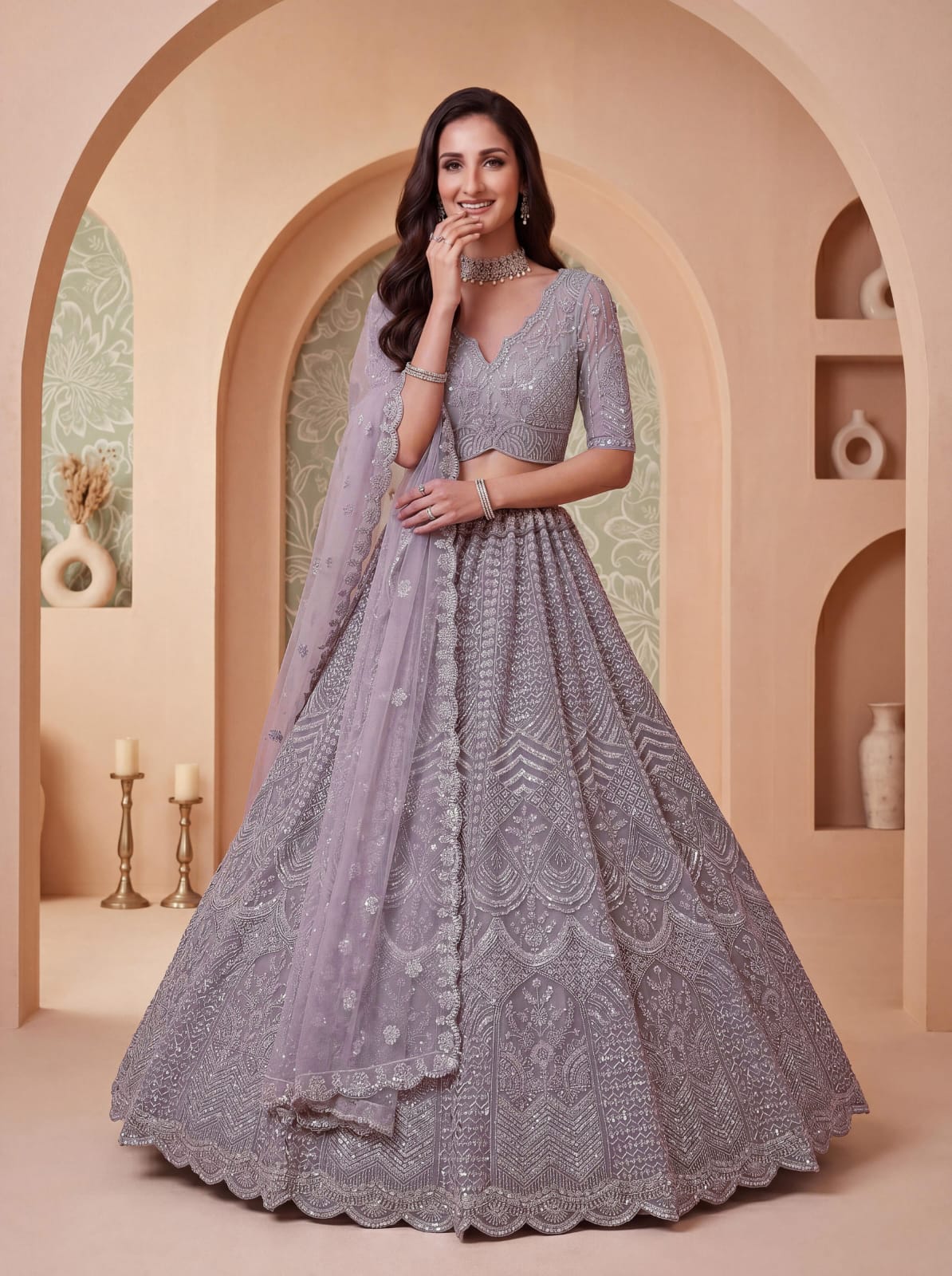 Lavender Pure Heavy Net Motif Handwork Zari Sequins Work Bridal Lehenga Choli