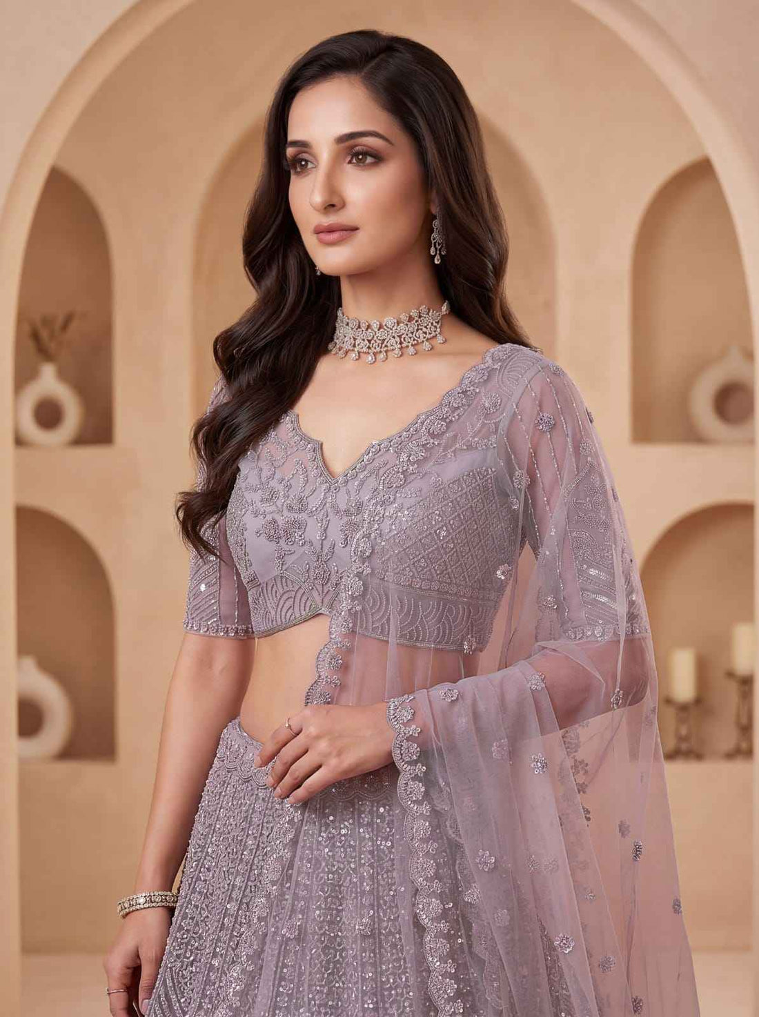 Lavender Pure Heavy Net Motif Handwork Zari Sequins Work Bridal Lehenga Choli