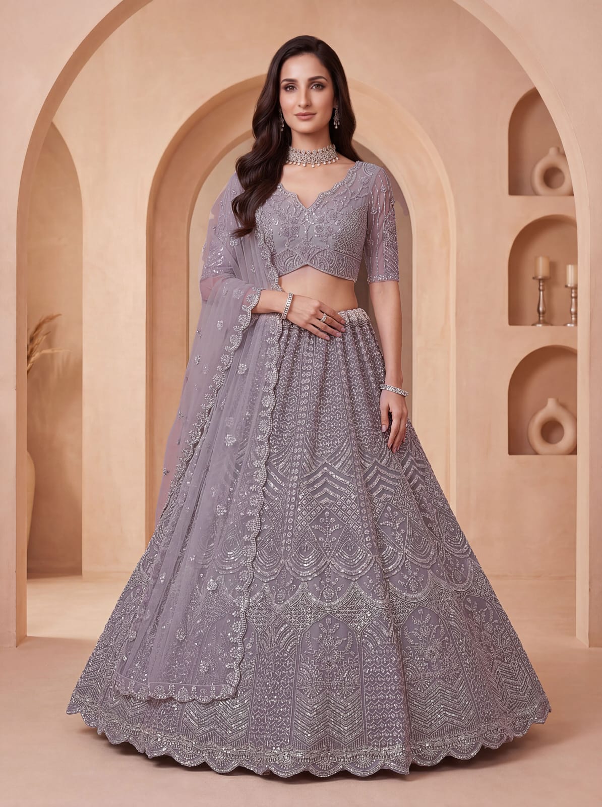 Lavender Pure Heavy Net Motif Handwork Zari Sequins Work Bridal Lehenga Choli