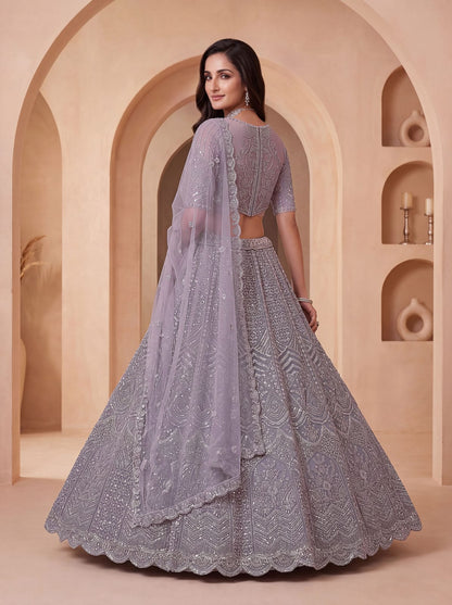 Lavender Pure Heavy Net Motif Handwork Zari Sequins Work Bridal Lehenga Choli