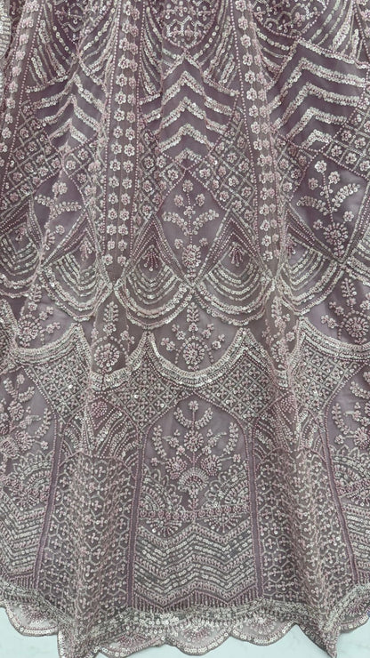 Lavender Pure Heavy Net Motif Handwork Zari Sequins Work Bridal Lehenga Choli
