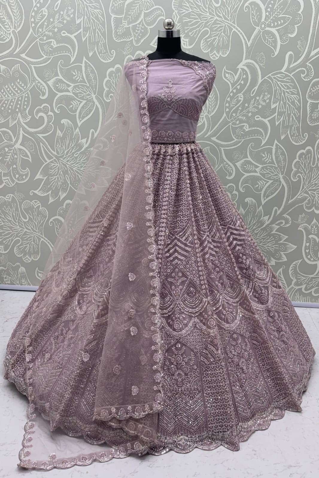 Lavender Pure Heavy Net Motif Handwork Zari Sequins Work Bridal Lehenga Choli