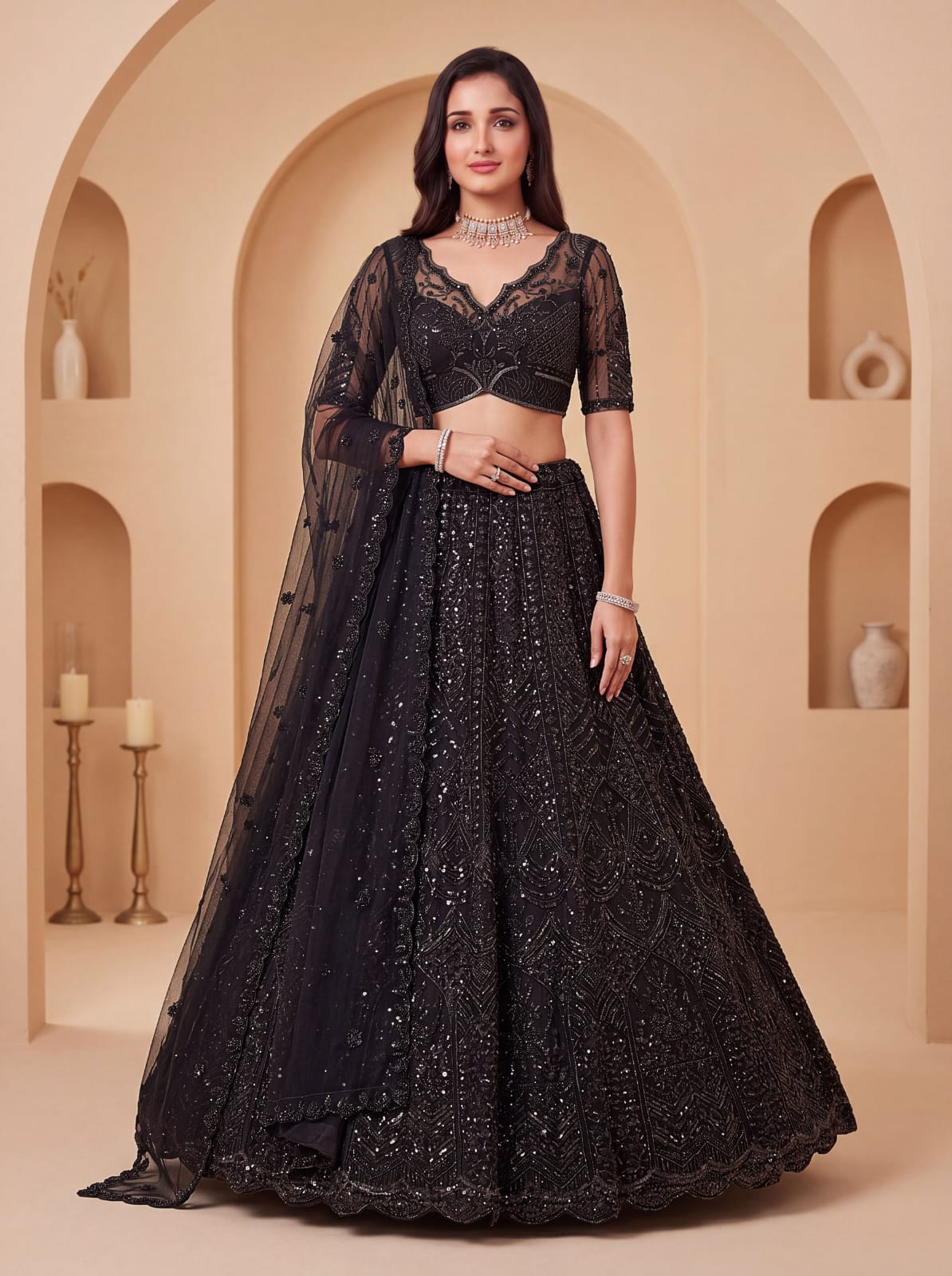 Black Pure Heavy Net Motif Handwork Zari Sequins Work Bridal Lehenga Choli