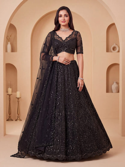 Black Pure Heavy Net Motif Handwork Zari Sequins Work Bridal Lehenga Choli