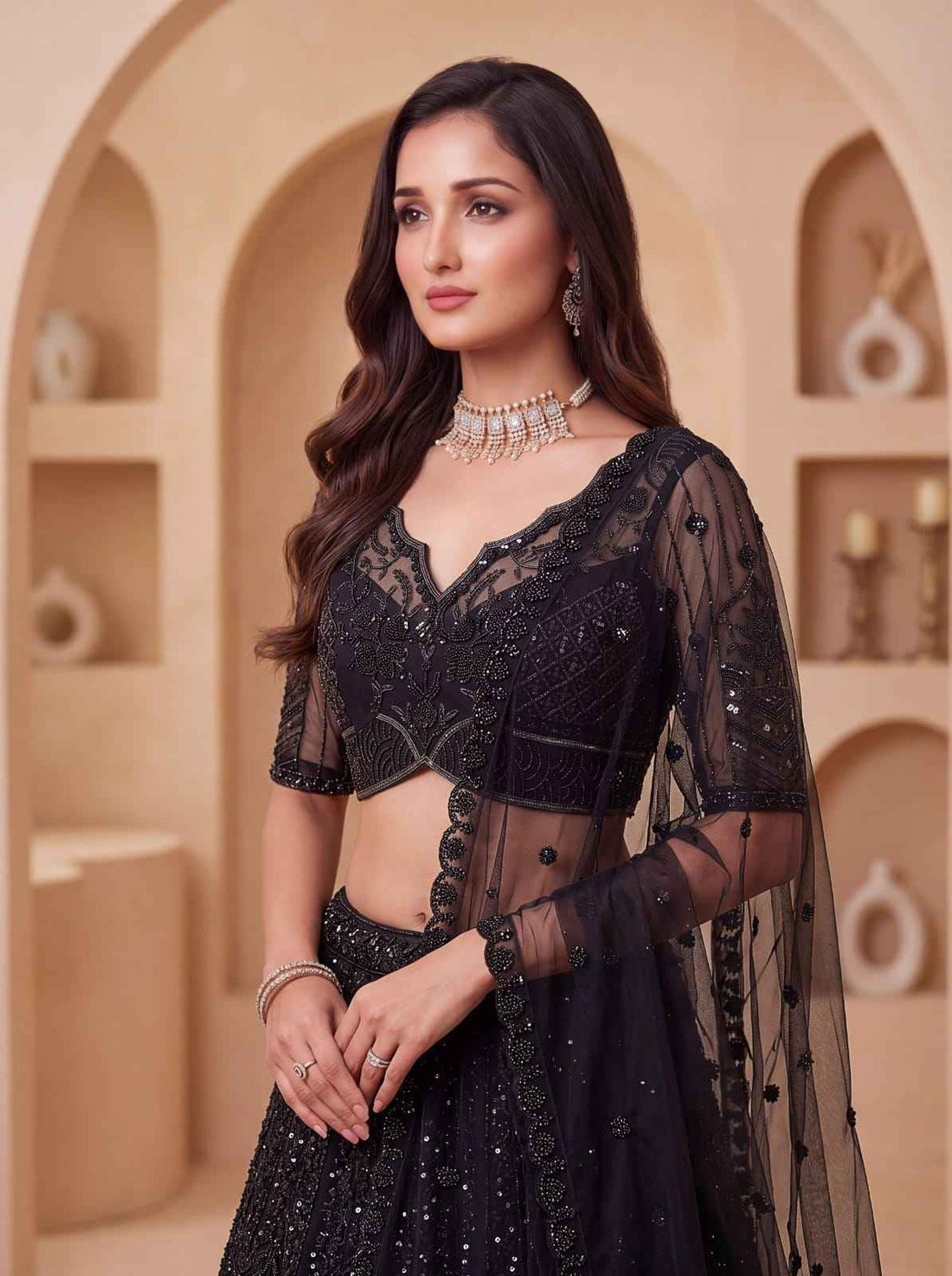 Black Pure Heavy Net Motif Handwork Zari Sequins Work Bridal Lehenga Choli