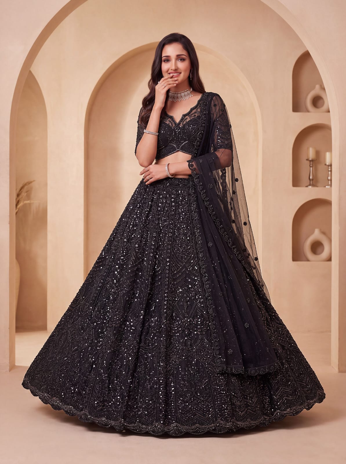 Black Pure Heavy Net Motif Handwork Zari Sequins Work Bridal Lehenga Choli