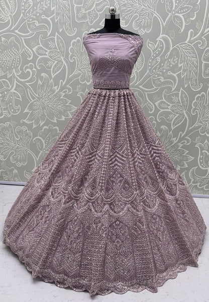 Lavender Pure Heavy Net Motif Handwork Zari Sequins Work Bridal Lehenga Choli