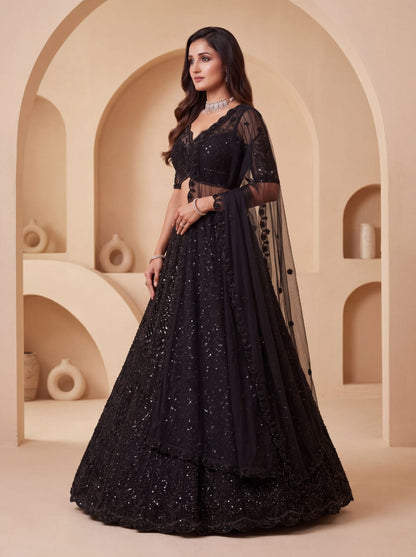 Black Pure Heavy Net Motif Handwork Zari Sequins Work Bridal Lehenga Choli